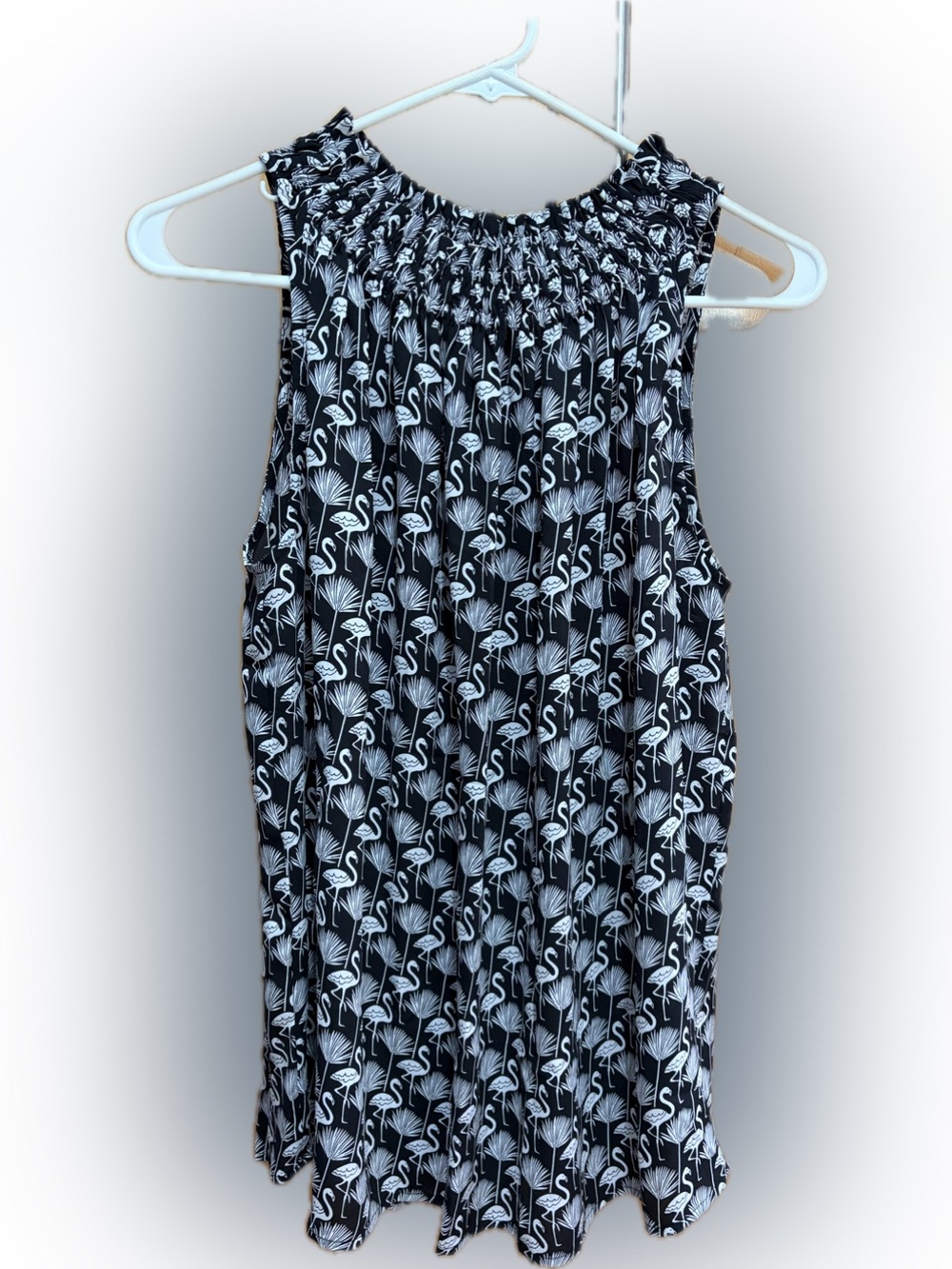 LOFT Black and White Flamingo Print Sleeveless Smocked Blouse M